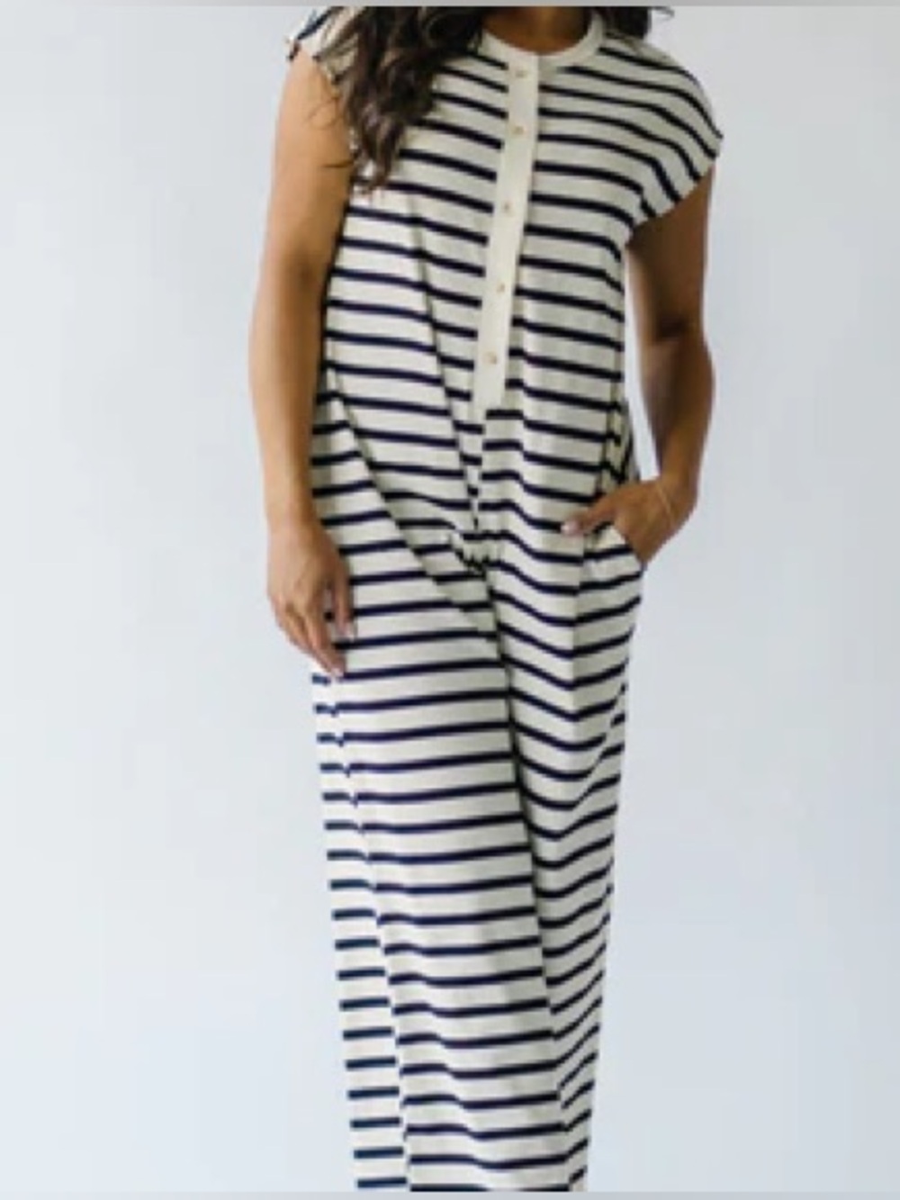 The Keenan Striped Jumpsuit in Black & White from Piper & Scoot (Size Large)